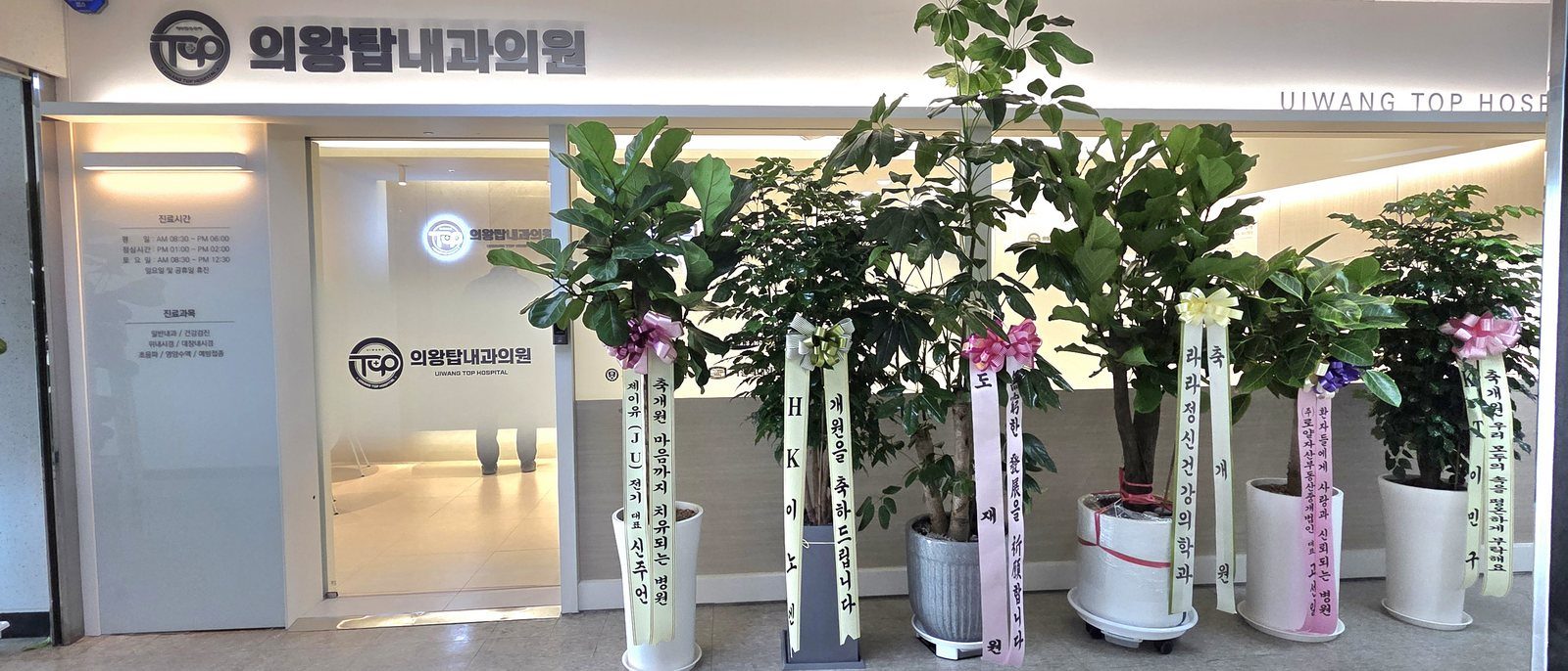 개원 축하 화분이 놓인 의왕탑내과 입구